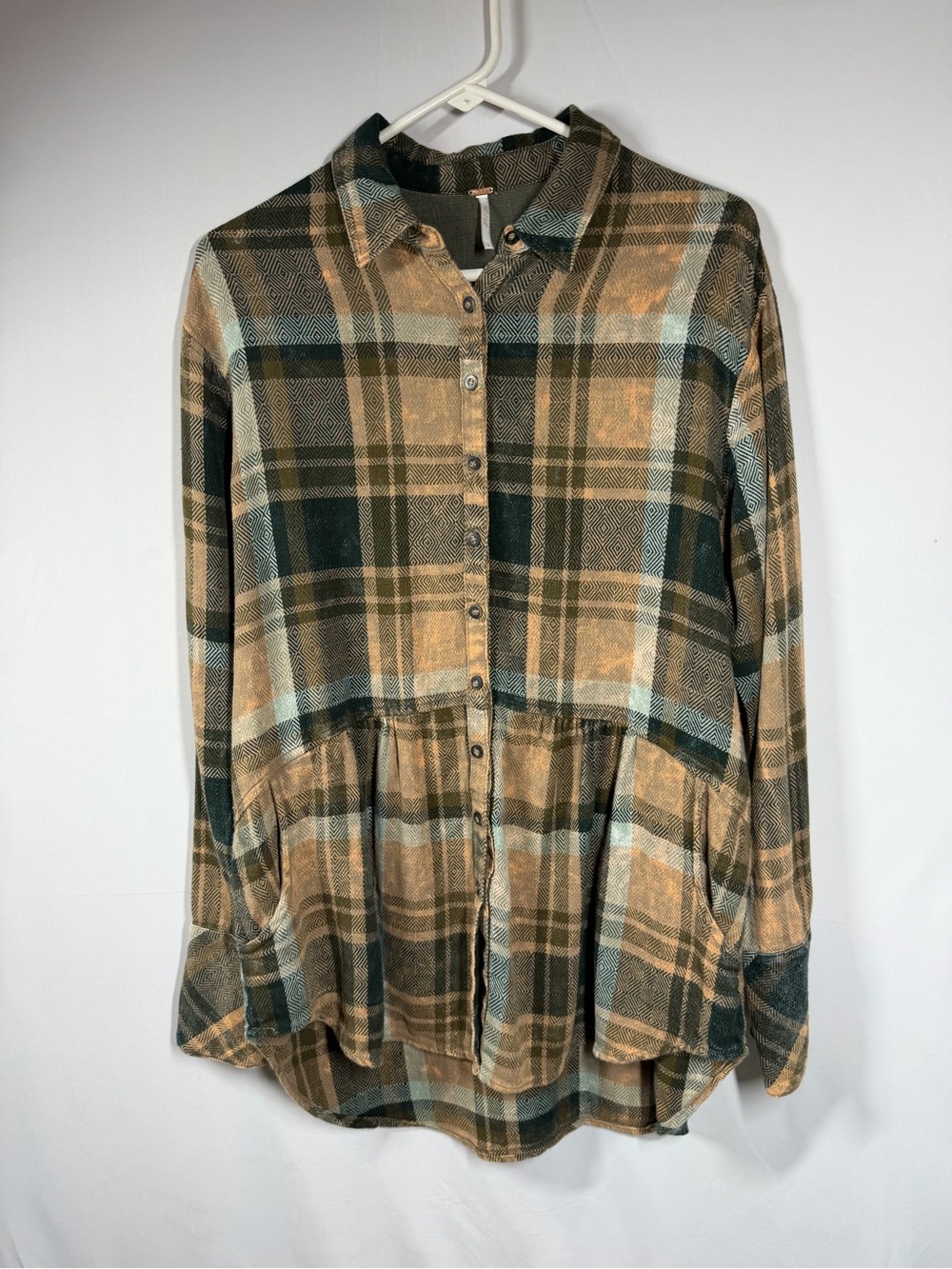 Free People Teal and Camel Geometric Plaid Button-Up